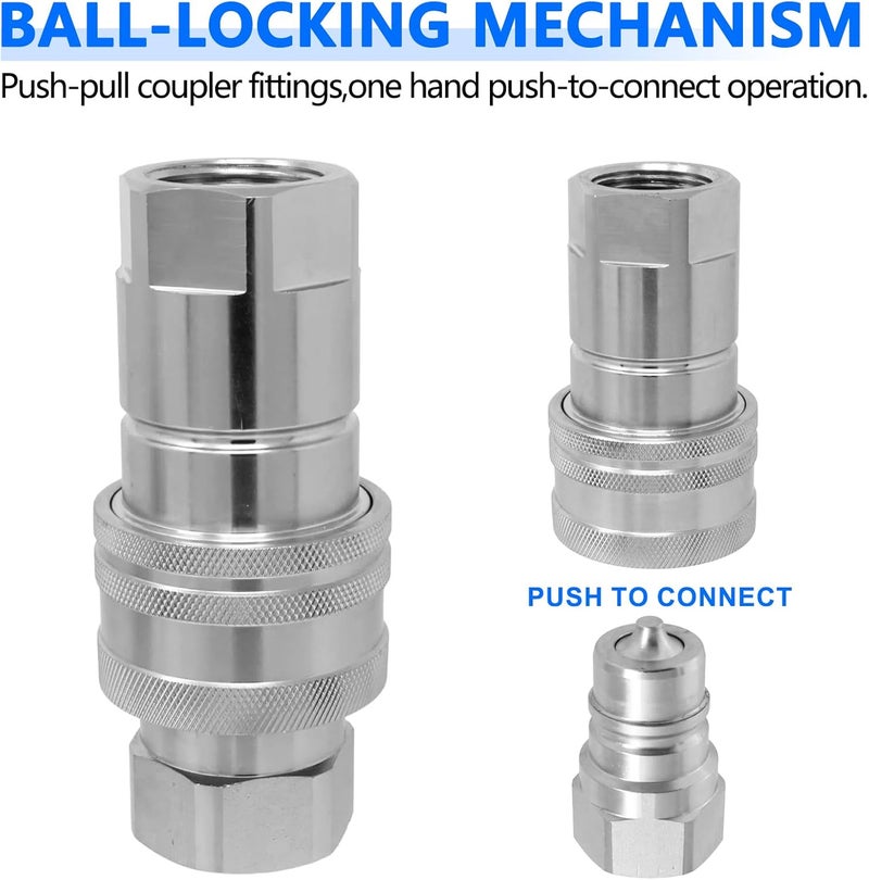 Cplbrb 1/4" Ag ISO 7241-A Hydraulic Quick Connect Tractor Couplers with Dust Caps,Poppet Pioneer Style,Hydraulic Quick Coupler 1/4" NPT Thread & Body-1 Sets - Image 3